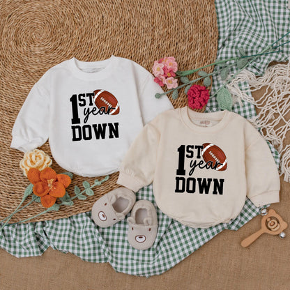 Personalized First Year Down Football Romper Baby Boy Birthday Bodysuit Game Day Baby Clothes