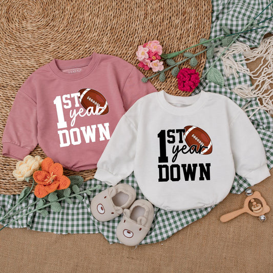 Personalized First Year Down Football Romper Baby Boy Birthday Bodysuit Game Day Baby Clothes