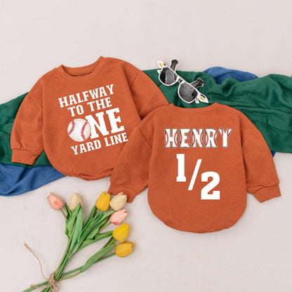 Custom Half Way To One Baseball Romper Retro Game Day Outfit for Boys 6 Months Birthday Gift Newborn