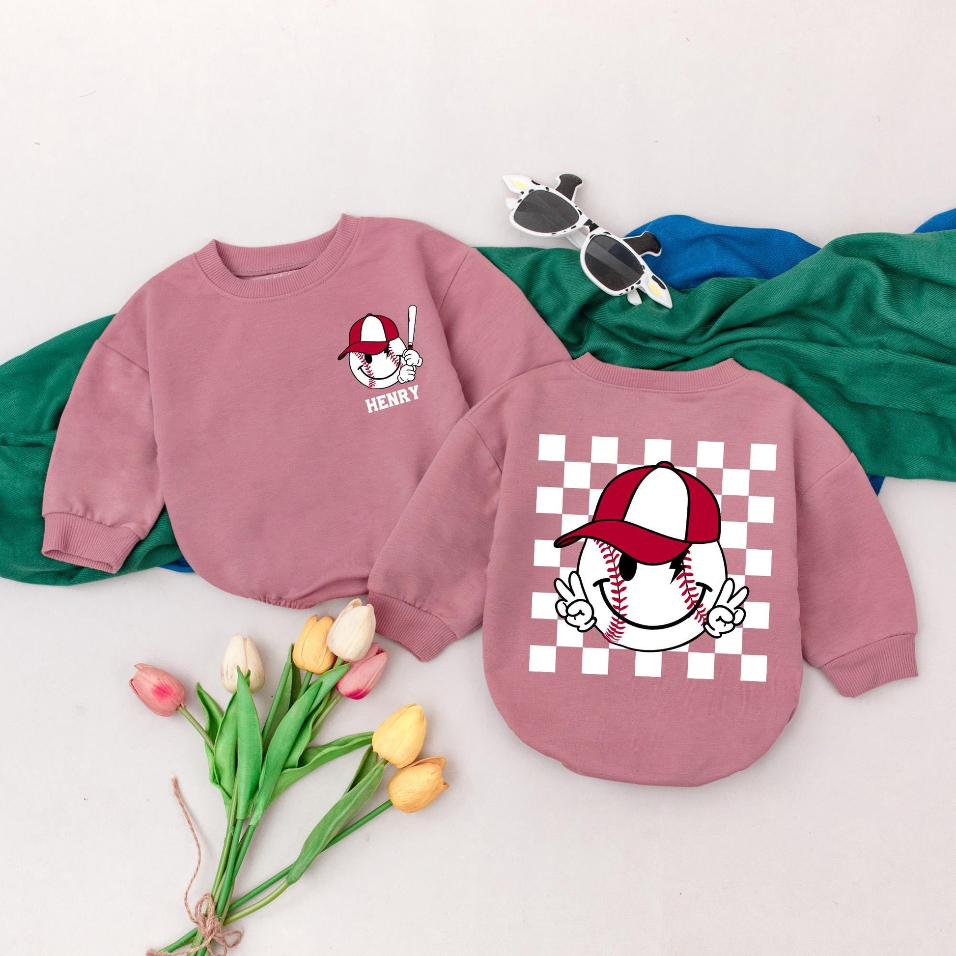 Henry's Retro Baseball Romper Custom Name Baby Boy Outfit Game Day Season Vintage Cartoon Bat