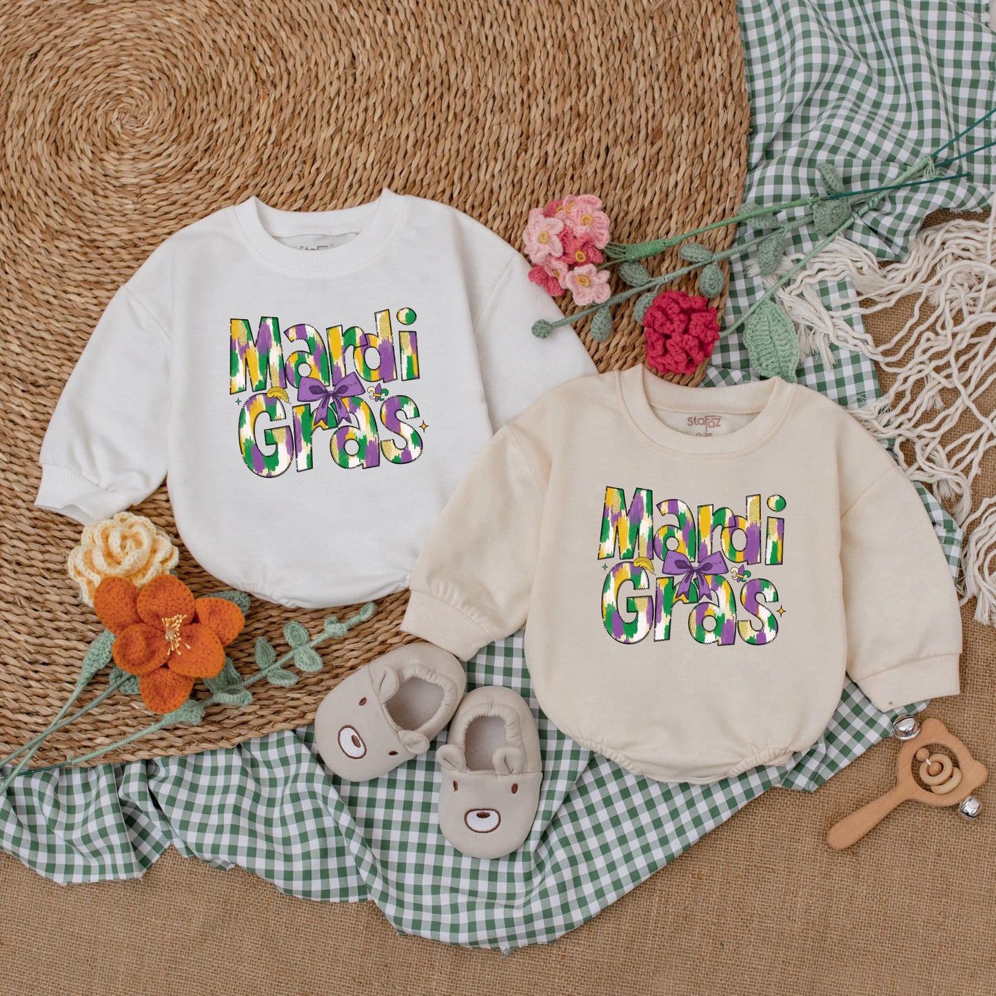 Mardi Gras Baby Girl Romper | Festive Bodysuit with Purple, Green & Gold Design | Cute Baby Outfit for Mardi Gras Party