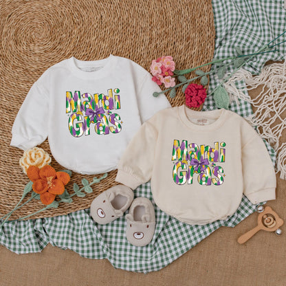 Mardi Gras Baby Girl Romper | Festive Bodysuit with Purple, Green & Gold Design | Cute Baby Outfit for Mardi Gras Party