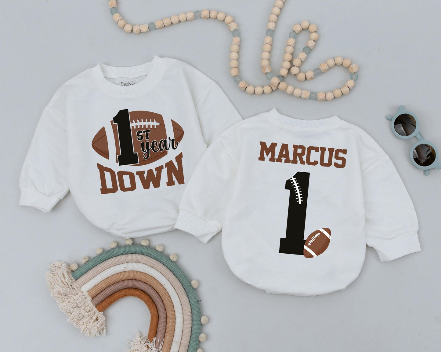 Personalized First Year Down Football Birthday Romper for Baby Boy, Soft Game Day Newborn Bodysuit Outfit Celebration Gift