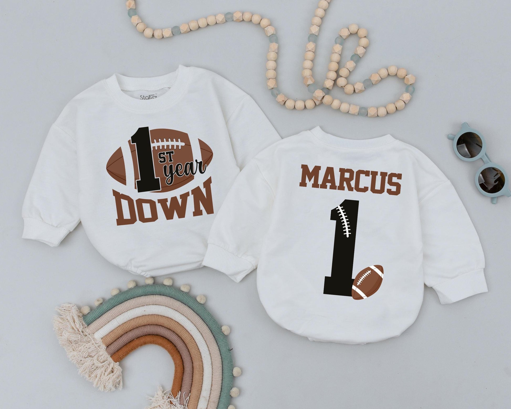 Personalized First Year Down Football Birthday Romper for Baby Boy, Soft Game Day Newborn Bodysuit Outfit Celebration Gift