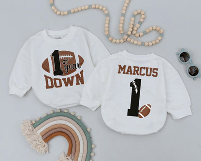 Personalized First Year Down Football Birthday Romper for Baby Boy, Soft Game Day Newborn Bodysuit Outfit Celebration Gift