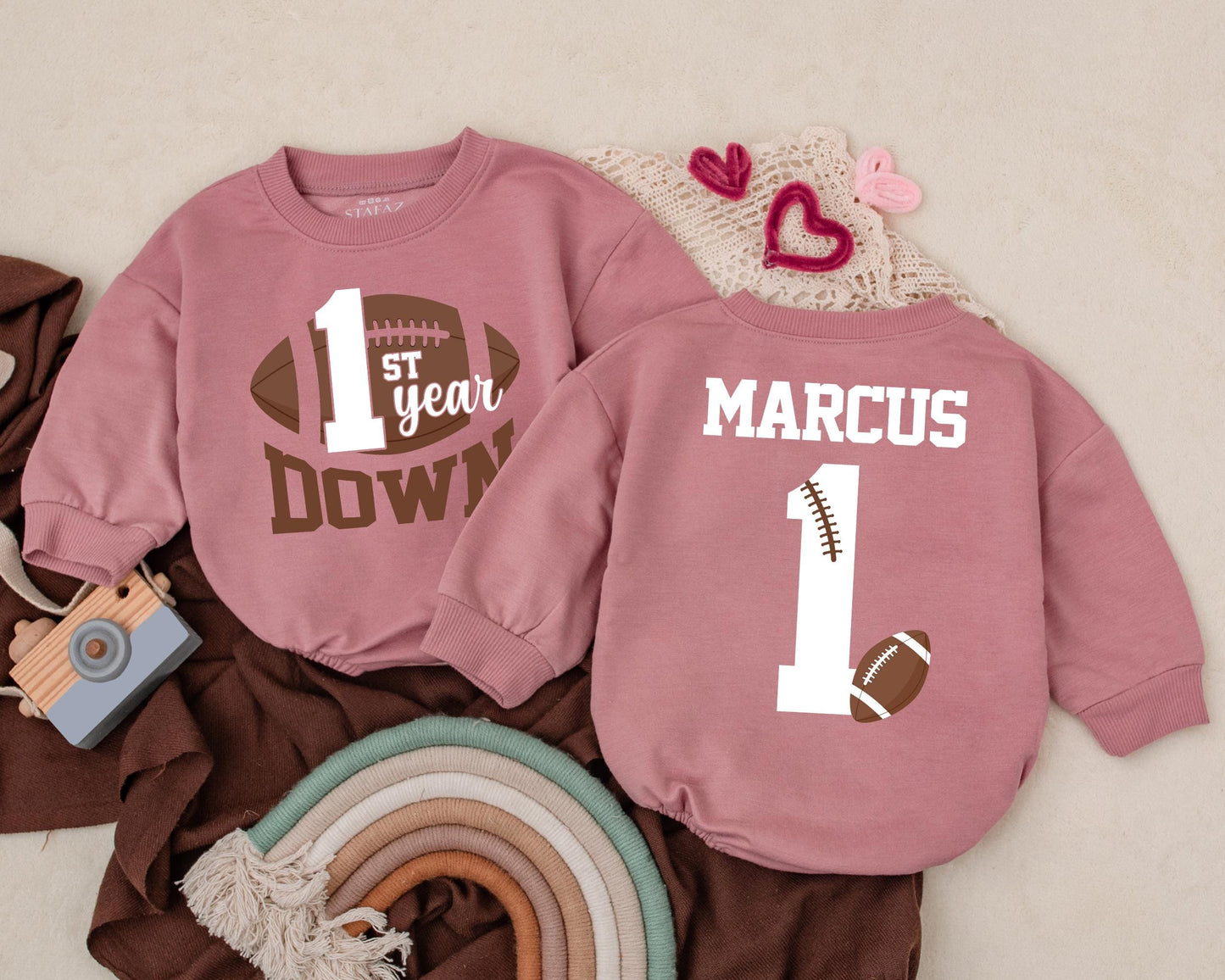 Personalized First Year Down Football Birthday Romper for Baby Boy, Soft Game Day Newborn Bodysuit Outfit Celebration Gift