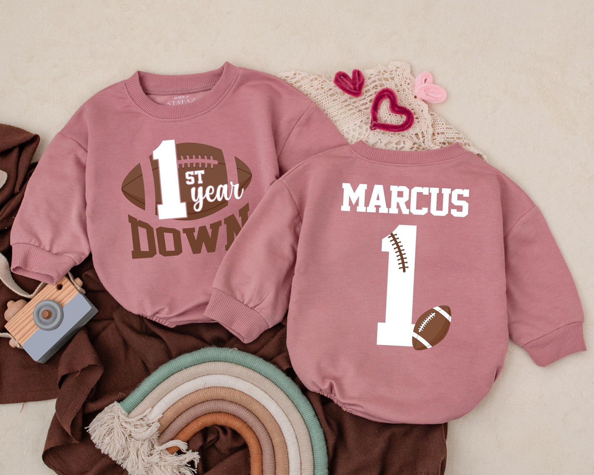 Personalized First Year Down Football Birthday Romper for Baby Boy, Soft Game Day Newborn Bodysuit Outfit Celebration Gift