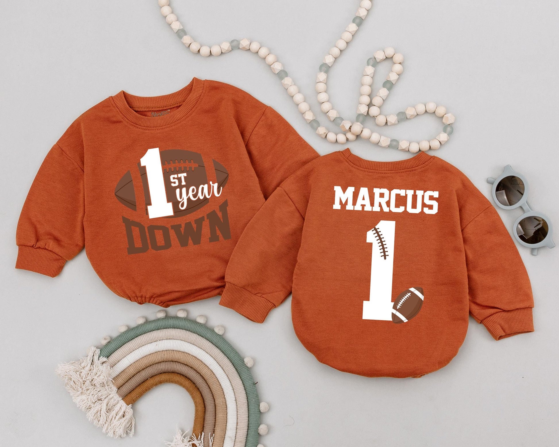 Personalized First Year Down Football Birthday Romper for Baby Boy, Soft Game Day Newborn Bodysuit Outfit Celebration Gift