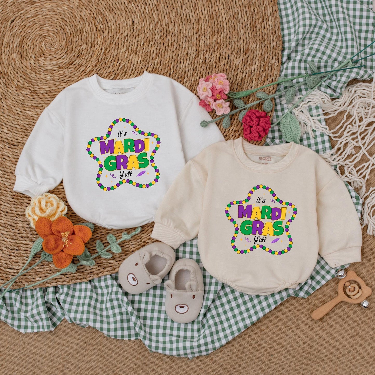 It's Mardi Gras Y'all Baby Romper - Purple & Gold Star Bead Design, Cute Mardi Gras Baby Outfit Gift