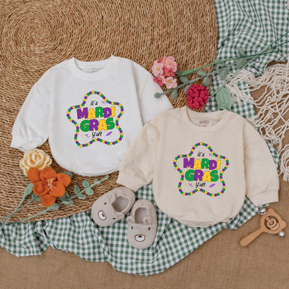It's Mardi Gras Y'all Baby Romper - Purple & Gold Star Bead Design, Cute Mardi Gras Baby Outfit Gift
