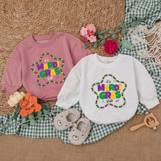 It's Mardi Gras Y'all Baby Romper - Purple & Gold Star Bead Design, Cute Mardi Gras Baby Outfit Gift