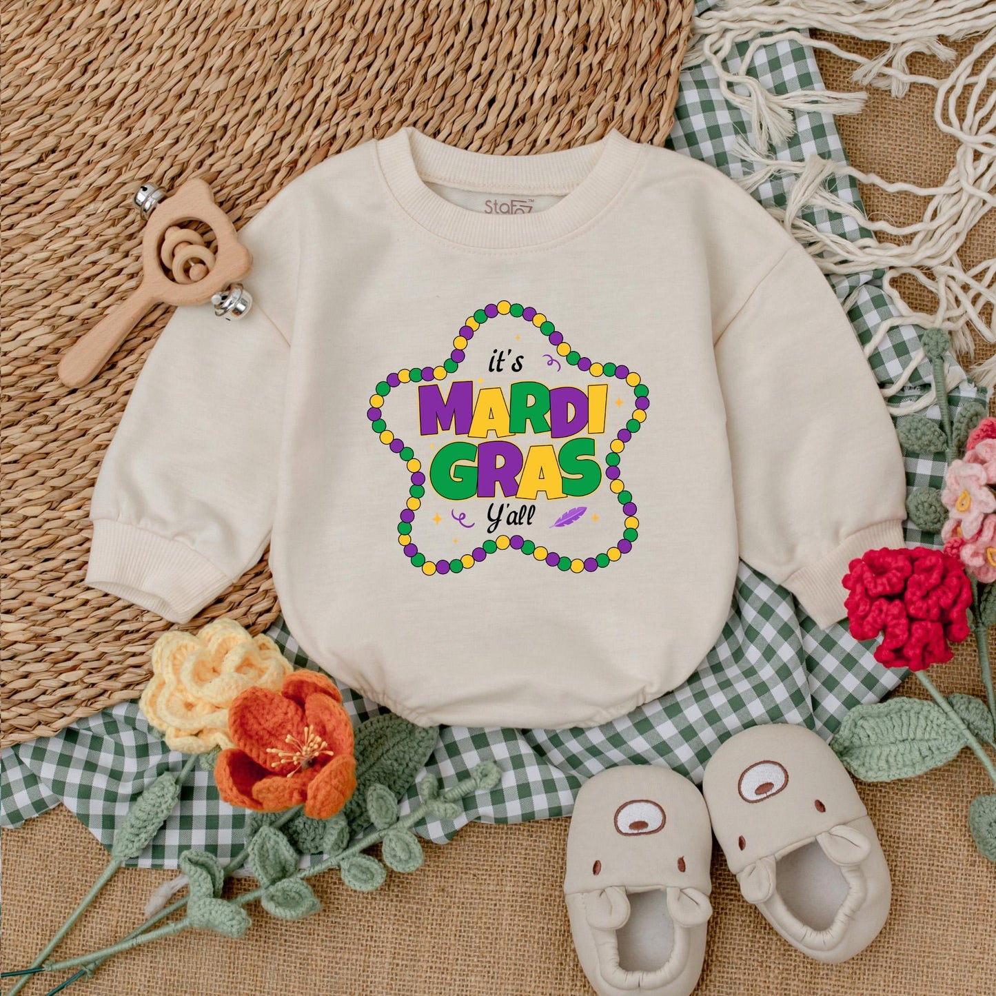 It's Mardi Gras Y'all Baby Romper - Purple & Gold Star Bead Design, Cute Mardi Gras Baby Outfit Gift