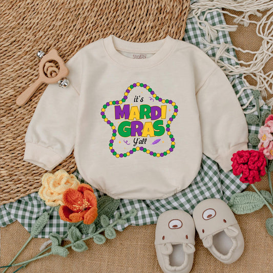 It's Mardi Gras Y'all Baby Romper - Purple & Gold Star Bead Design, Cute Mardi Gras Baby Outfit Gift