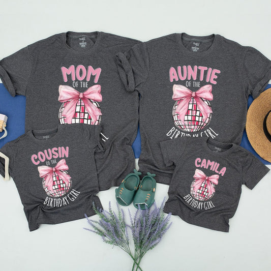 Custom Birthday Girl Disco Ball Bow Shirt Matching Family Birthday Tee Pink Disco Party Toddler Youth Outfit