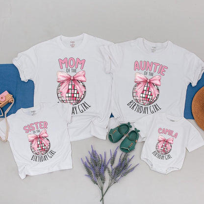 Custom Birthday Girl Disco Ball Bow Shirt Matching Family Birthday Tee Pink Disco Party Toddler Youth Outfit