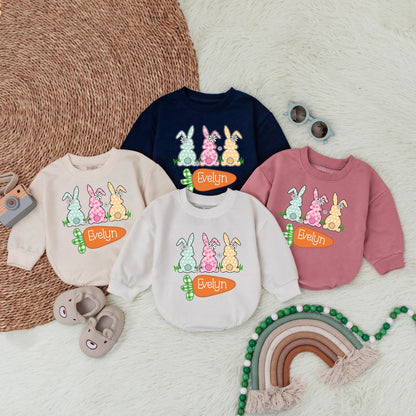Personalized Easter Bunny Bubble Romper for Baby Girls, Soft Cotton My First Easter Bodysuit & Easter Outfit Gift
