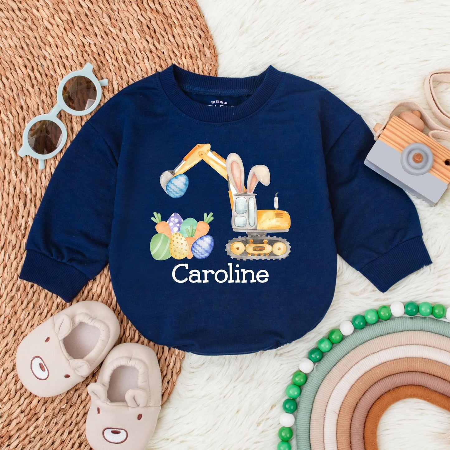 Personalized Easter Bunny Truck Romper Baby Girl My First Easter Bodysuit Eggs-cavator Shower Gift Infant Clothes Cute Bunny Truck Design