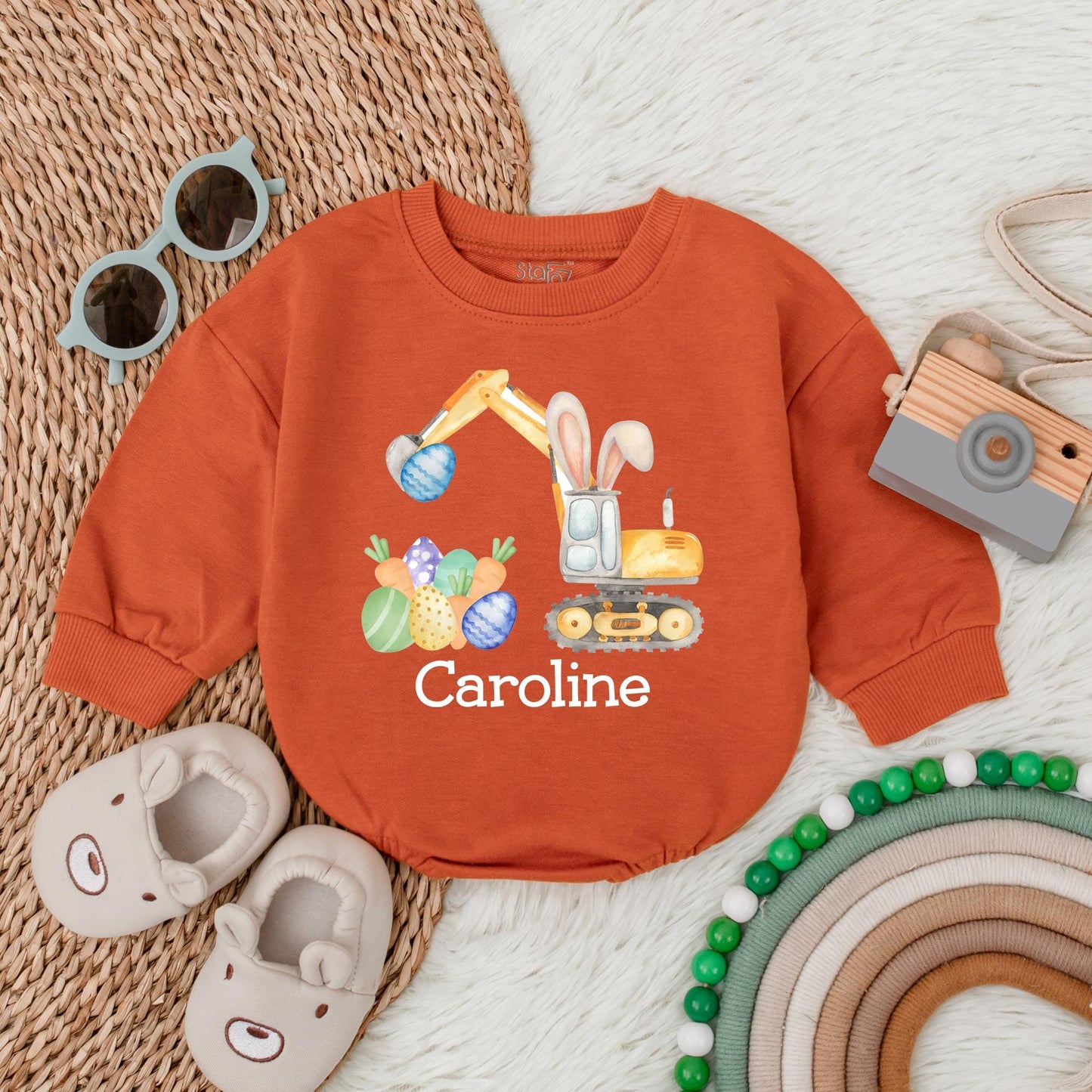 Personalized Easter Bunny Truck Romper Baby Girl My First Easter Bodysuit Eggs-cavator Shower Gift Infant Clothes Cute Bunny Truck Design