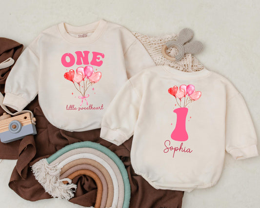 Personalized Little Sweetheart Birthday Girl Bubble Romper & Bodysuit Baby Outfit Custom Name 1st Birthday Party Clothes