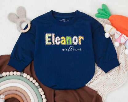 Custom Name First Easter Baby Romper - Adorable Bunny Design for Baby Boy or Girl - Personalized Spring Bodysuit - Baby Shower Gift (138 chars)