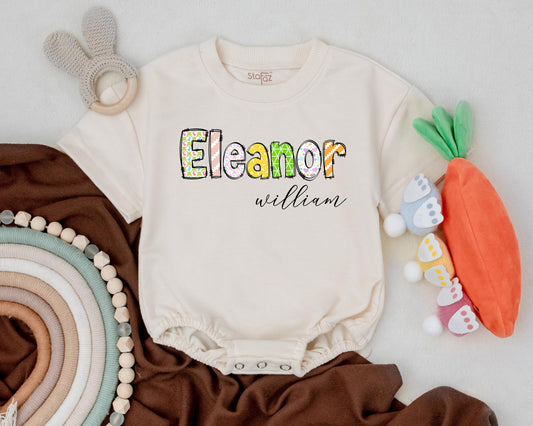 Custom Name First Easter Baby Romper - Adorable Bunny Design for Baby Boy or Girl - Personalized Spring Bodysuit - Baby Shower Gift (138 chars)