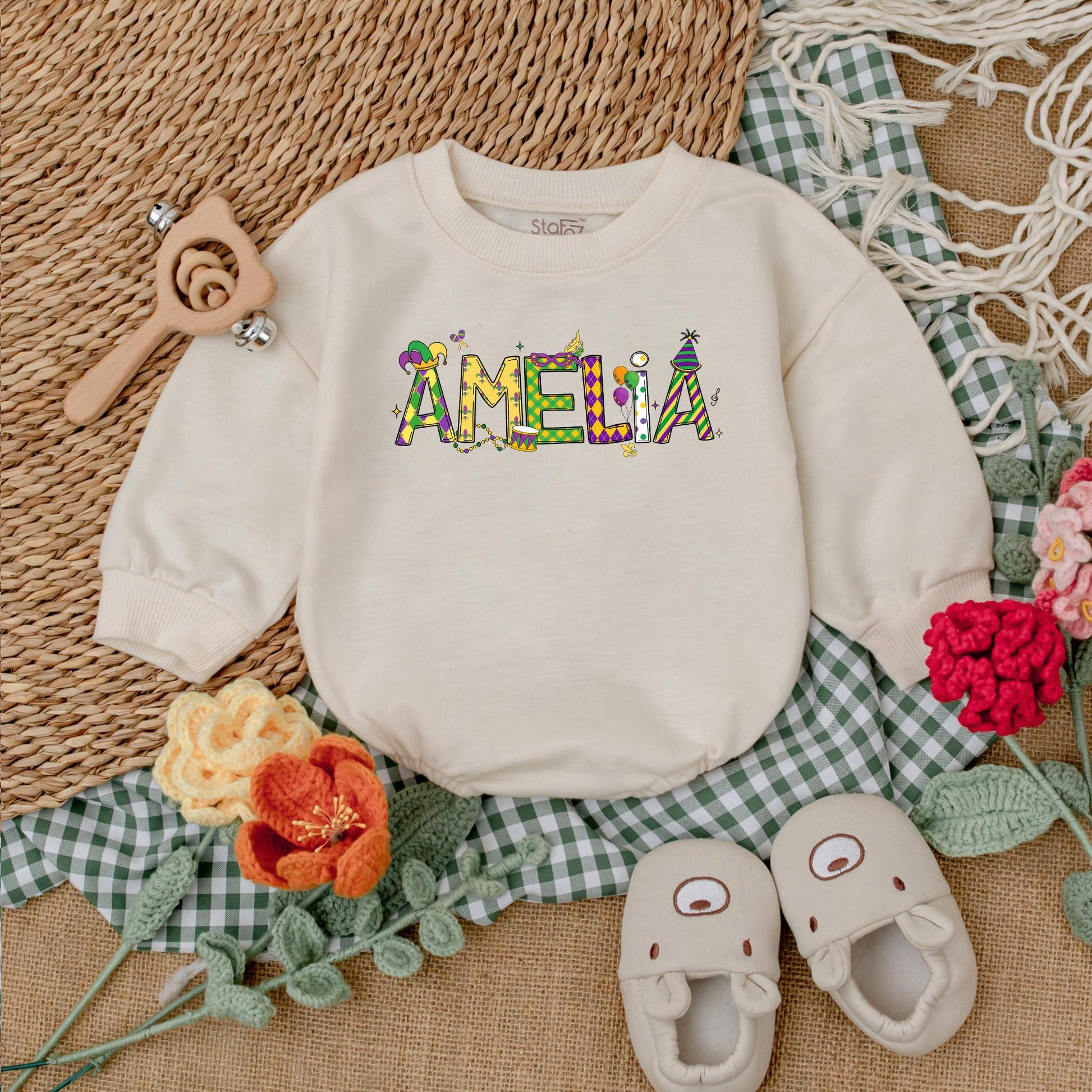 Cute Mardi Gras Bubble Romper for Baby Girls Customizable with Festive Designs and Colors Perfect for Parties and Baby Shower Gifts