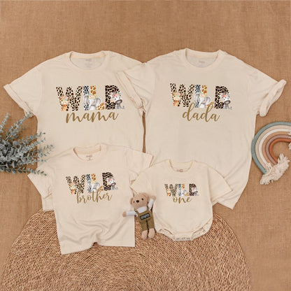 Wild Safari Animal Print Birthday Family Shirts Mommy Dada Sister One Matching Outfits Zoo Celebration Clothes Cute Giraffe Elephant Zebra Floral Headpiece