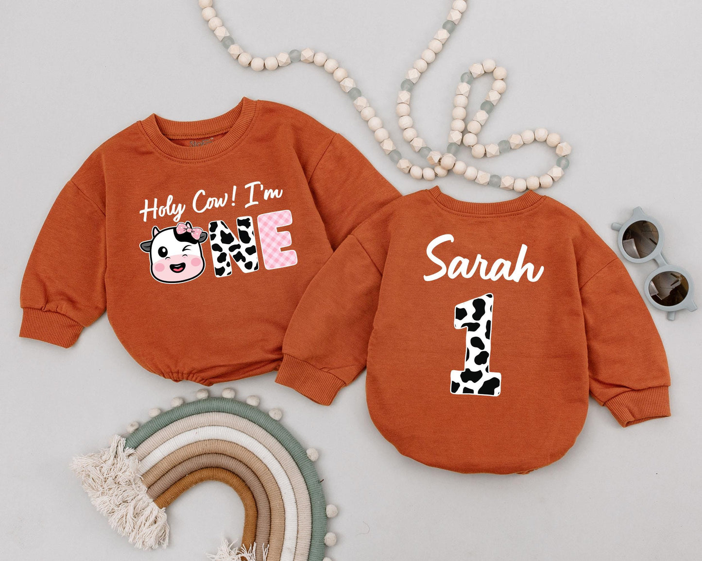 Holy Cow I'm One Romper Retro Western Baby Girl Outfit First Birthday Gift Custom Cowgirl Birthday Outfit