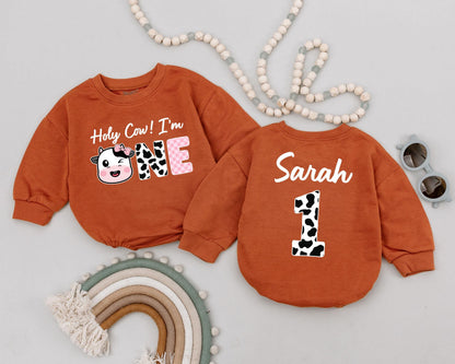 Holy Cow I'm One Romper Retro Western Baby Girl Outfit First Birthday Gift Custom Cowgirl Birthday Outfit