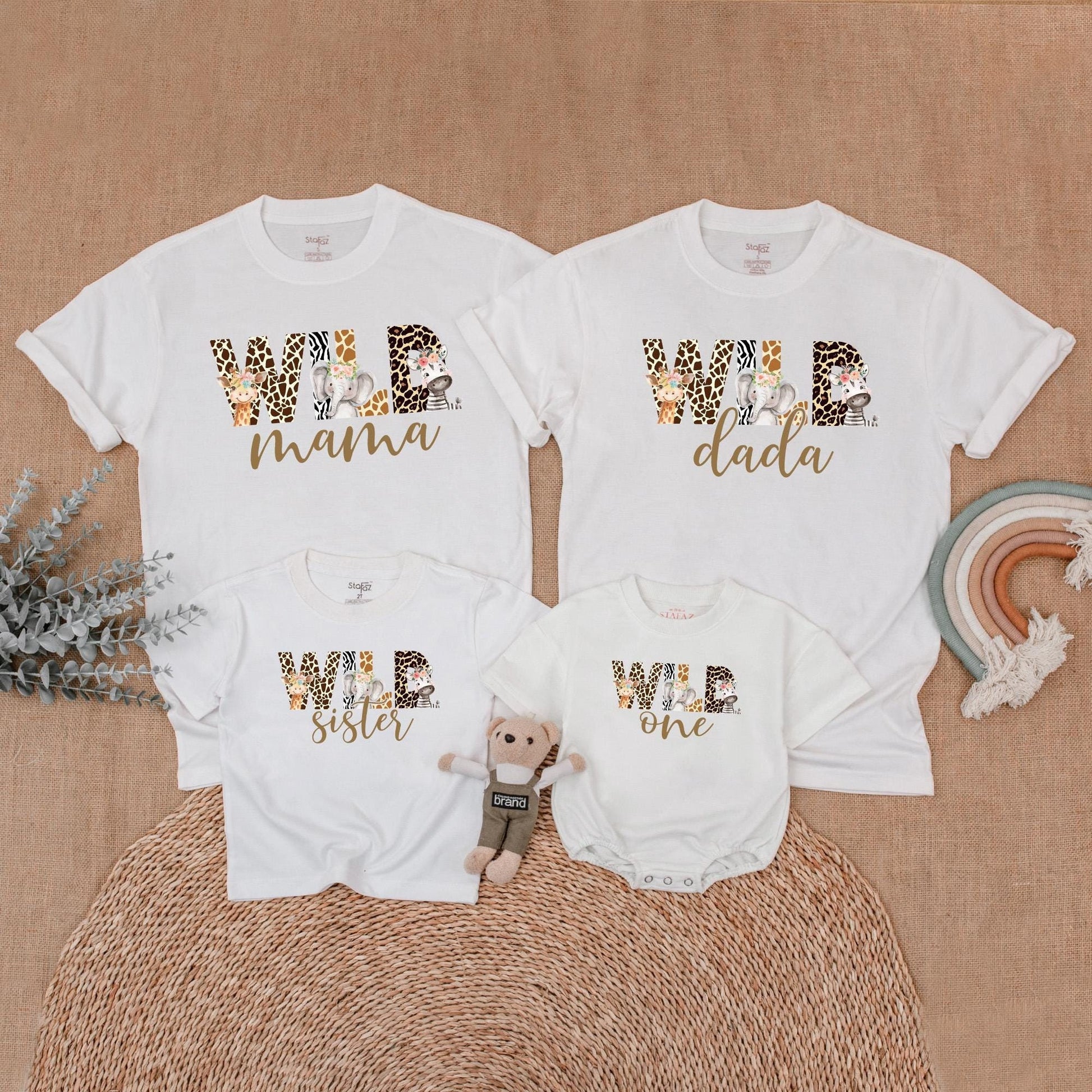 Wild Safari Animal Print Birthday Family Shirts Mommy Dada Sister One Matching Outfits Zoo Celebration Clothes Cute Giraffe Elephant Zebra Floral Headpiece