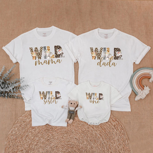 Wild Safari Animal Print Birthday Family Shirts Mommy Dada Sister One Matching Outfits Zoo Celebration Clothes Cute Giraffe Elephant Zebra Floral Headpiece