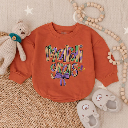 Festive Mardi Gras Baby Romper King Cake Design perfect for boy or girl Fat Tuesday party outfit newborn shower gift bodysuit clothes.