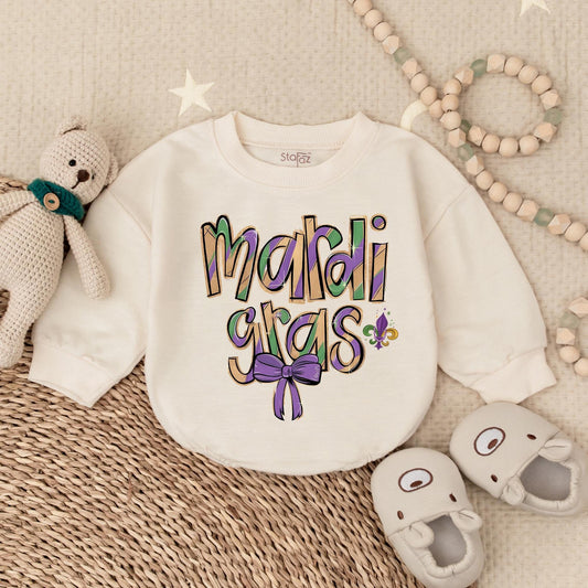 Festive Mardi Gras Baby Romper King Cake Design perfect for boy or girl Fat Tuesday party outfit newborn shower gift bodysuit clothes.
