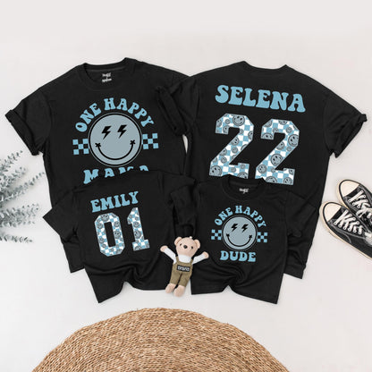 One Happy Dude 1st Birthday Outfit Matching Family Shirts Smiley Face Baby Boy Tee Muted Blue Lightning Bolt Eyes Cheerful Toddler Bodysuit Set