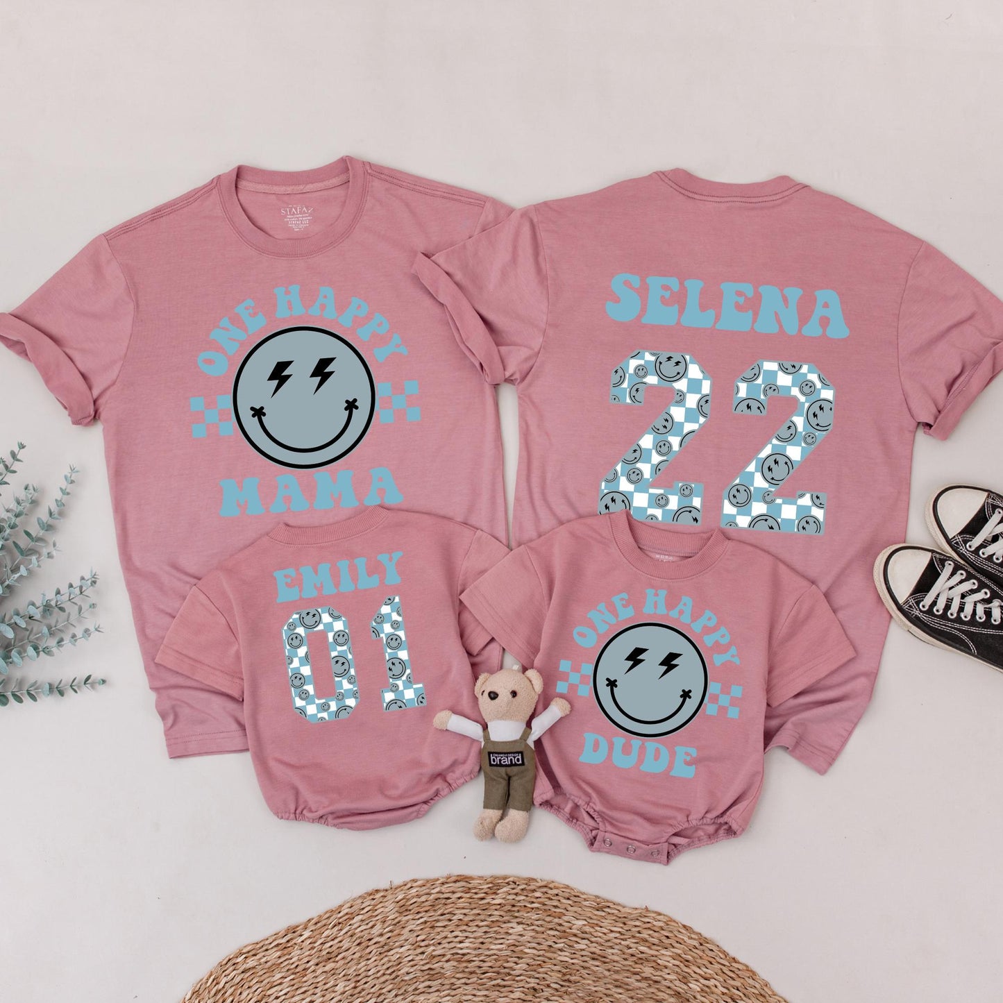 One Happy Dude 1st Birthday Outfit Matching Family Shirts Smiley Face Baby Boy Tee Muted Blue Lightning Bolt Eyes Cheerful Toddler Bodysuit Set