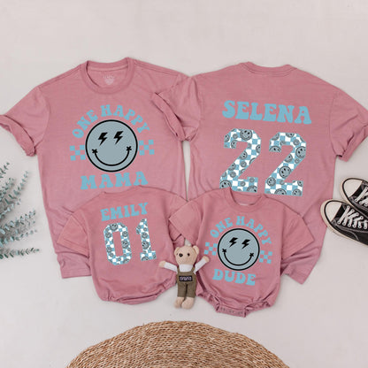 One Happy Dude 1st Birthday Outfit Matching Family Shirts Smiley Face Baby Boy Tee Muted Blue Lightning Bolt Eyes Cheerful Toddler Bodysuit Set