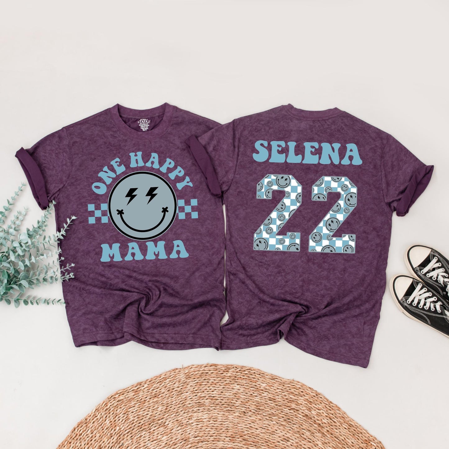 One Happy Dude 1st Birthday Outfit Matching Family Shirts Smiley Face Baby Boy Tee Muted Blue Lightning Bolt Eyes Cheerful Toddler Bodysuit Set