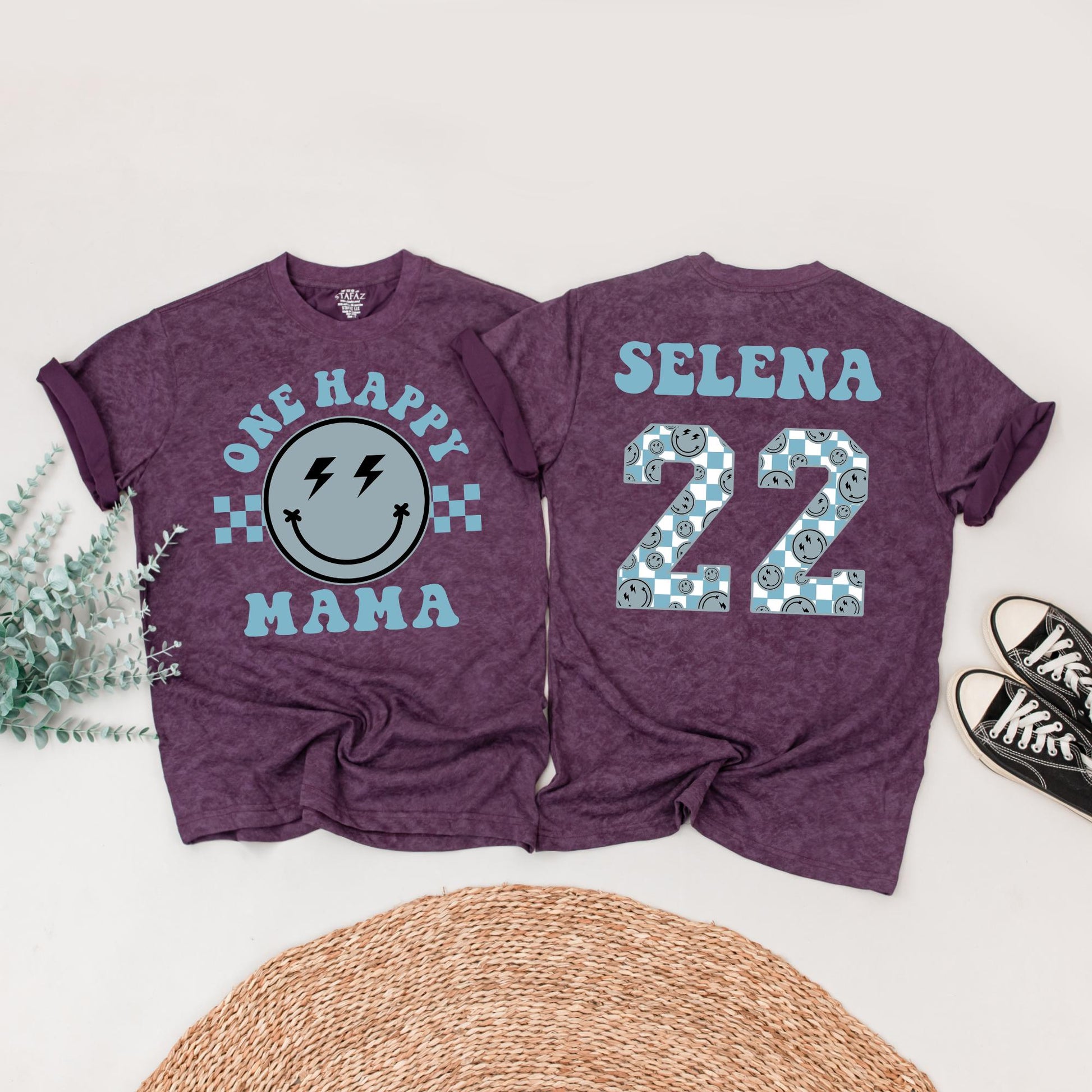 One Happy Dude 1st Birthday Outfit Matching Family Shirts Smiley Face Baby Boy Tee Muted Blue Lightning Bolt Eyes Cheerful Toddler Bodysuit Set