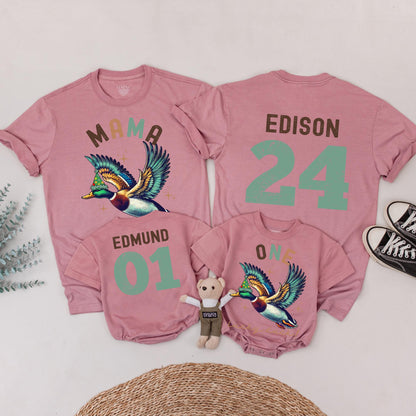 One Lucky Duck Birthday Matching Family Shirts, Vintage Duck 1st Birthday Party Outfits, Mallard Graphic Tees for Mama, Edison, and Edmund (139 chars)