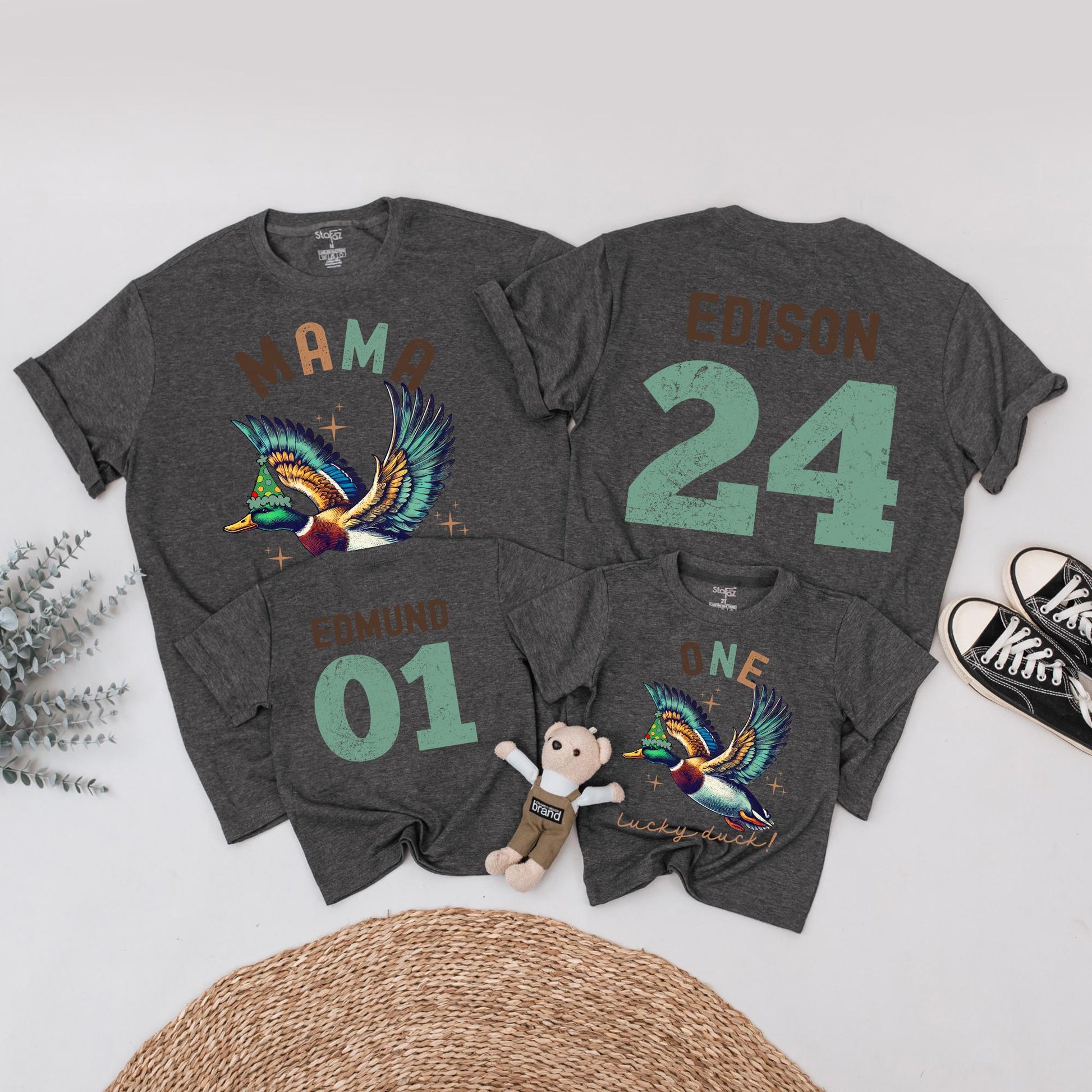 One Lucky Duck Birthday Matching Family Shirts, Vintage Duck 1st Birthday Party Outfits, Mallard Graphic Tees for Mama, Edison, and Edmund (139 chars)