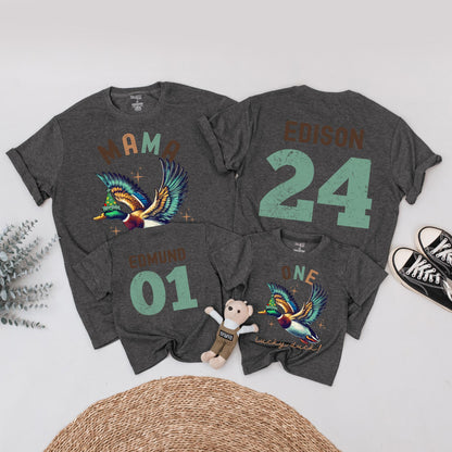 One Lucky Duck Birthday Matching Family Shirts, Vintage Duck 1st Birthday Party Outfits, Mallard Graphic Tees for Mama, Edison, and Edmund (139 chars)