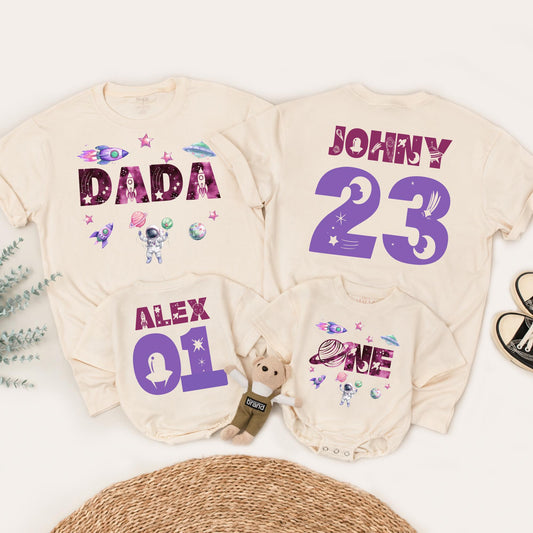 Personalized Space Birthday Family Matching T-Shirt, First Trip Around the Sun, Boy's 1st Birthday, Rocket & Planets, Custom Names Ages, Astronaut Tee