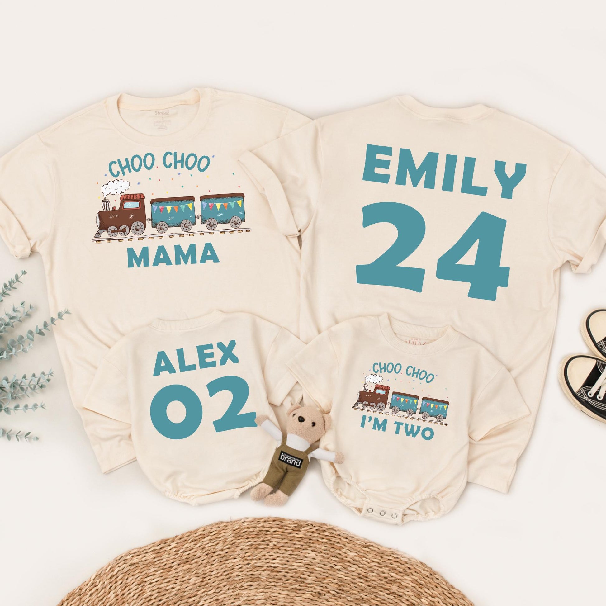 Choo Choo Two! Personalized Train Birthday Shirt for Two-Year-Olds, Playful Teal & Brown Engine Tee, Family Matching Party Outfit 2nd Bday