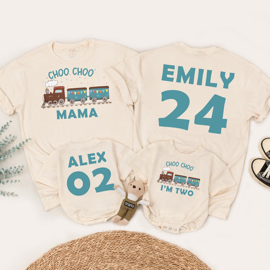 Choo Choo Two! Personalized Train Birthday Shirt for Two-Year-Olds, Playful Teal & Brown Engine Tee, Family Matching Party Outfit 2nd Bday