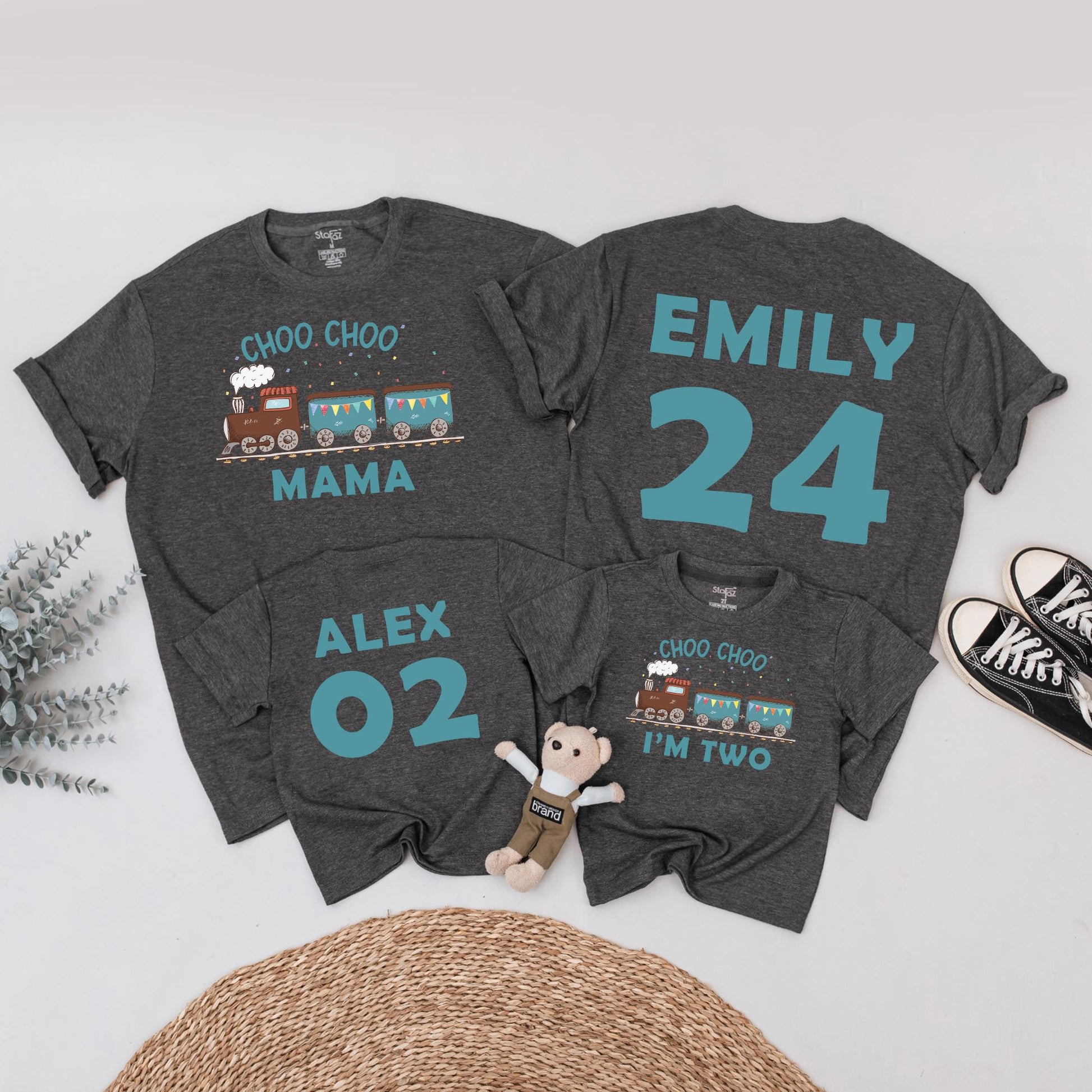 Choo Choo Two! Personalized Train Birthday Shirt for Two-Year-Olds, Playful Teal & Brown Engine Tee, Family Matching Party Outfit 2nd Bday