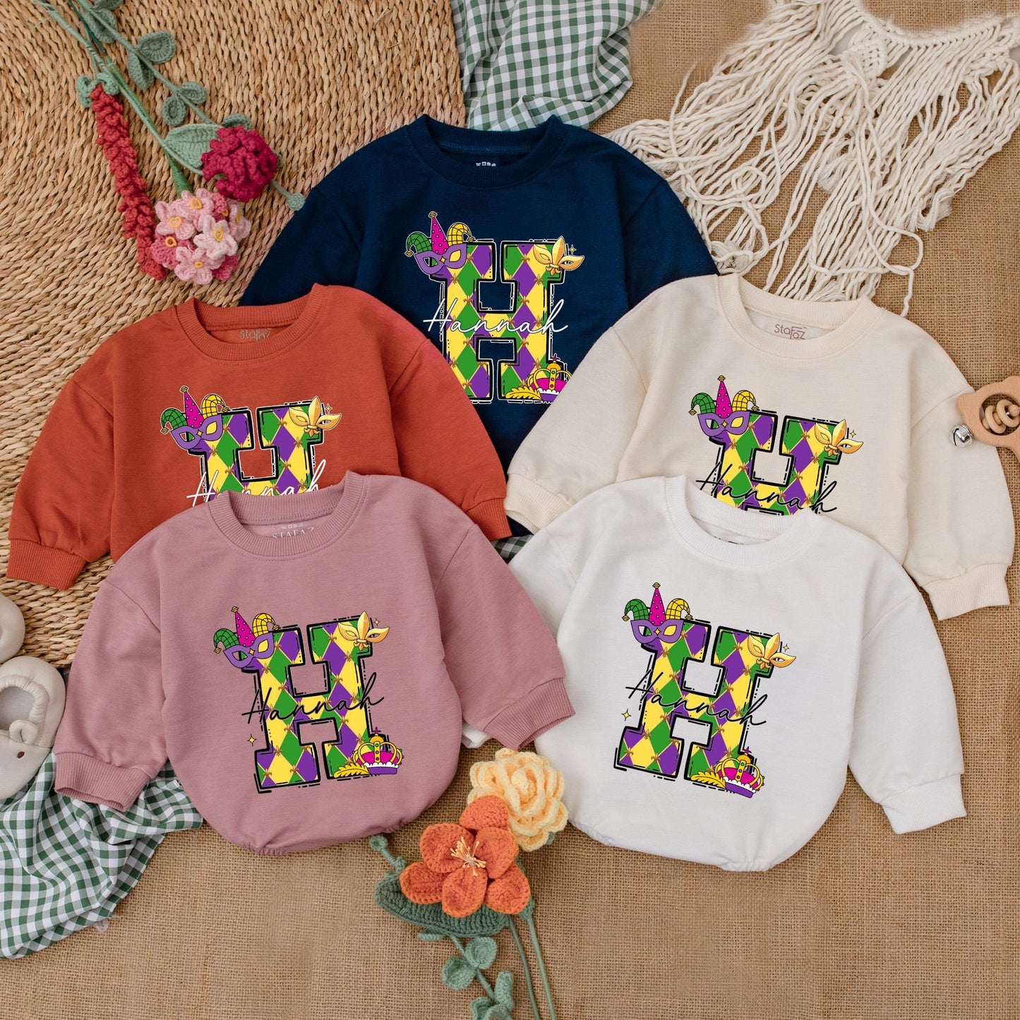 Personalized Mardi Gras Baby Romper Cute Sweatshirt Bubble Bodysuit Outfit for Infant Girl or Boy, Festive Celebration Baby Shower Gift