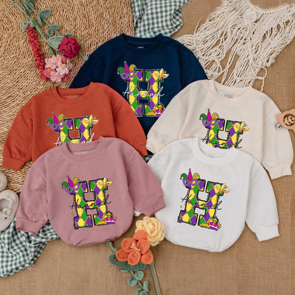 Personalized Mardi Gras Baby Romper Cute Sweatshirt Bubble Bodysuit Outfit for Infant Girl or Boy, Festive Celebration Baby Shower Gift