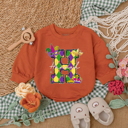 Personalized Mardi Gras Baby Romper Cute Sweatshirt Bubble Bodysuit Outfit for Infant Girl or Boy, Festive Celebration Baby Shower Gift