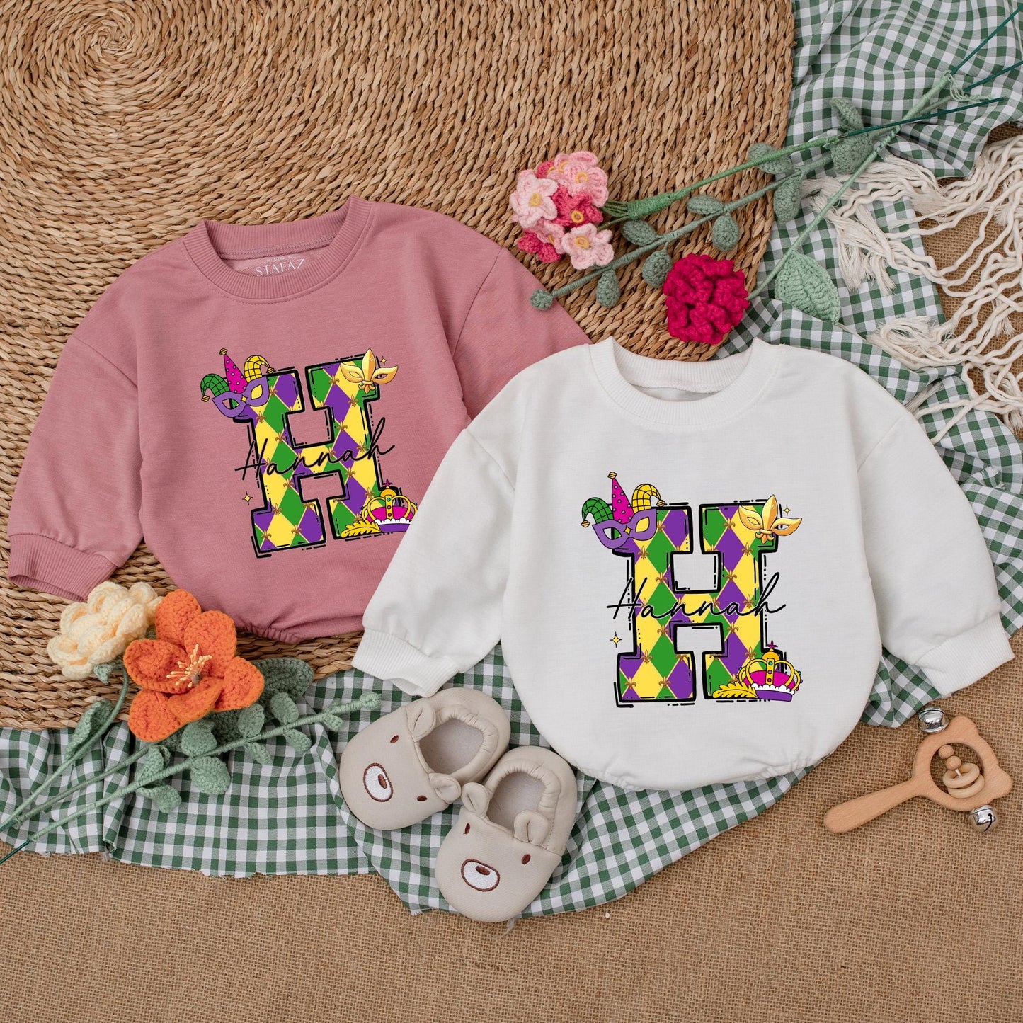 Personalized Mardi Gras Baby Romper Cute Sweatshirt Bubble Bodysuit Outfit for Infant Girl or Boy, Festive Celebration Baby Shower Gift