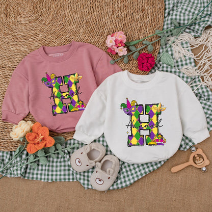 Personalized Mardi Gras Baby Romper Cute Sweatshirt Bubble Bodysuit Outfit for Infant Girl or Boy, Festive Celebration Baby Shower Gift